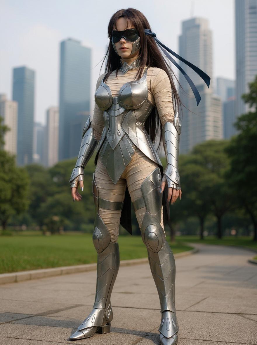 Improve this image to be realistic, the whole body is wrapped in bandages, the outside is fitted with shiny metallic metal armor, shiny metallic metal mask, tie or ribbon covering the eyes, realistic. Cool Hong Kong urban background, green parks, tall buildings, realistic 