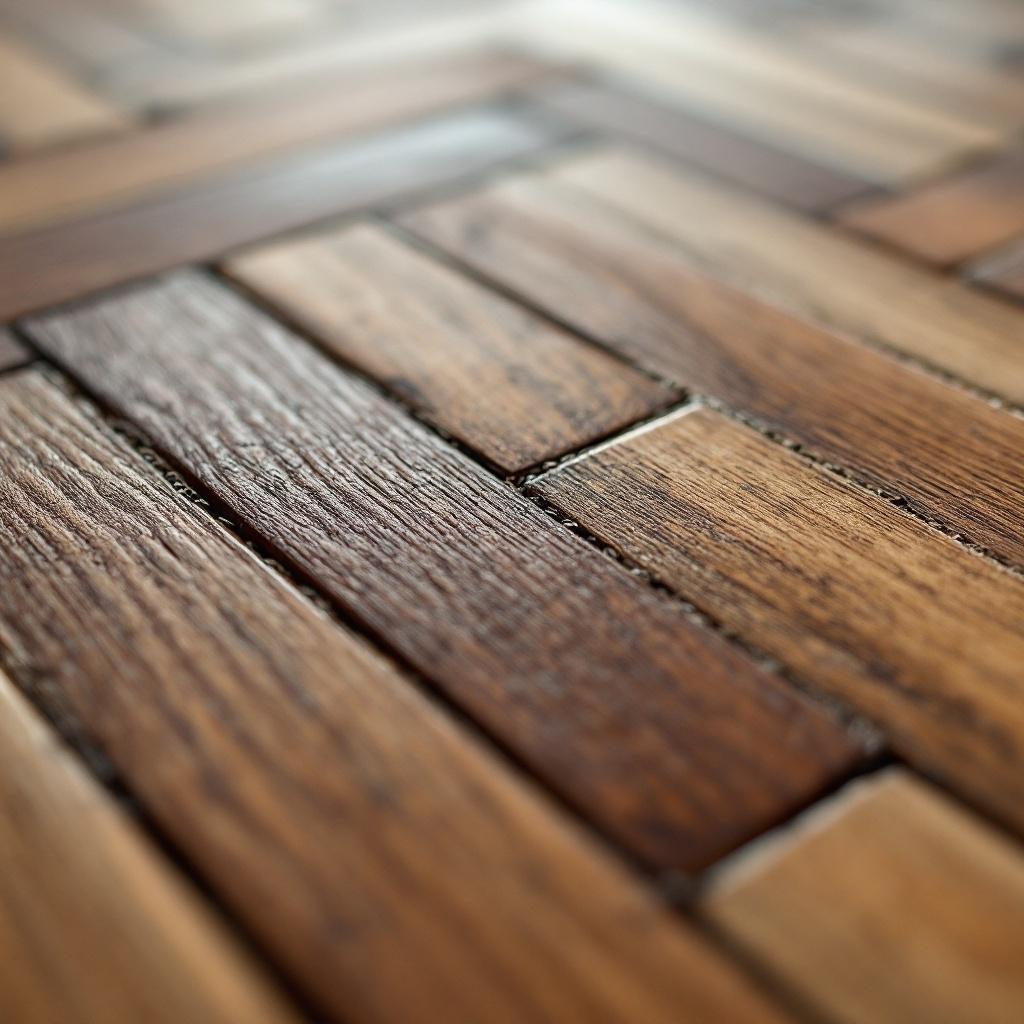 Macro close-up of herringbone hardwood, intricate tilework, or leather stitching.