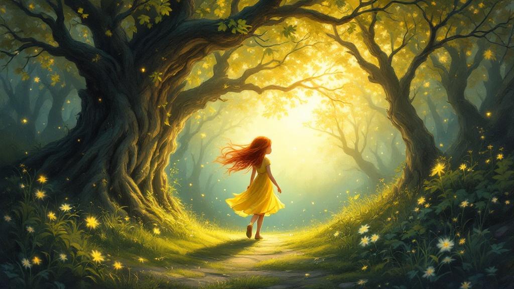 A whimsical, ethereal painting of a little girl with flowing auburn hair, wearing a dandelion-yellow dress, walking through an enchanted forest bathed in the soft, golden light of a setting sun; ancient trees with luminous leaves form a canopy overhead, casting long, dancing shadows on the mossy path; fireflies twinkle like scattered stars, creating a magical, dreamlike atmosphere; the overall style is reminiscent of Arthur Rackham's illustrations, evoking a sense of wonder and childlike innocence.

