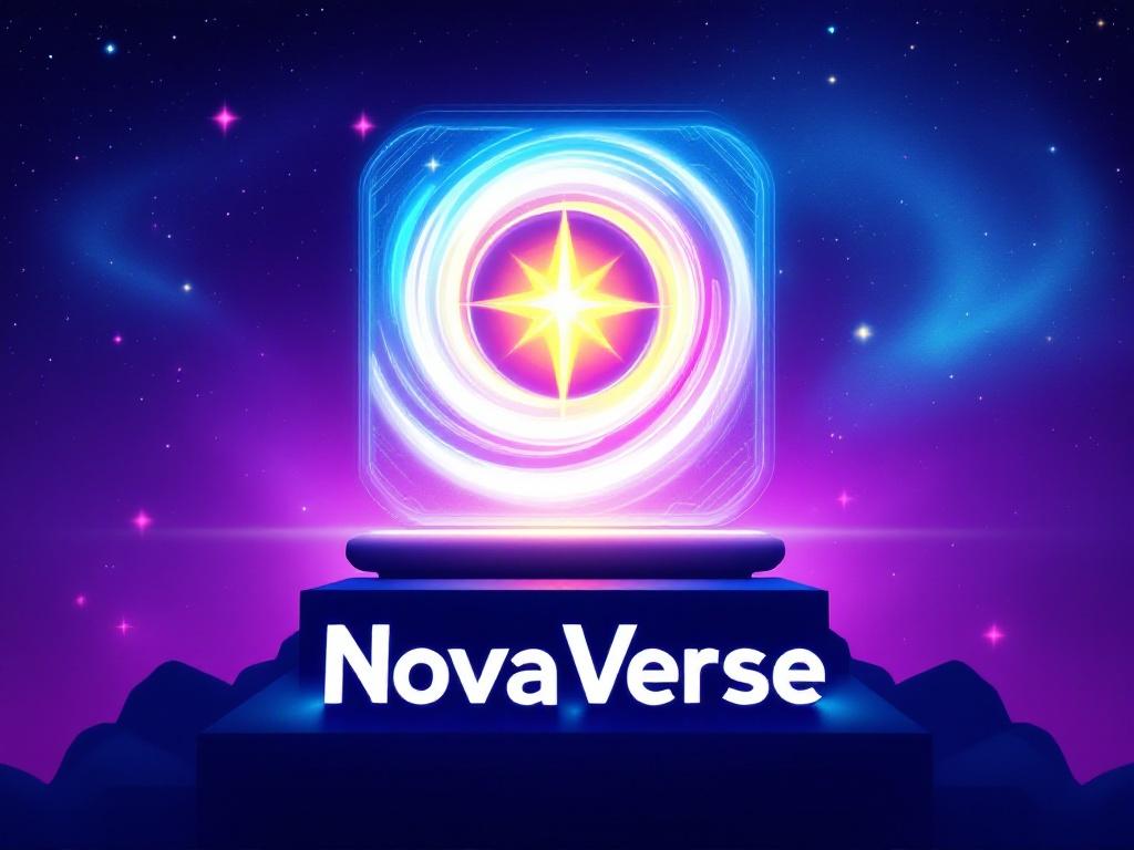 A vibrant, cosmic gradient background transitions from deep purple to electric blue, a rounded square base framing a dynamic white swirl, reminiscent of a comet's tail, its core a radiant star, symbolizing innovation.  Below, "NovaVerse" in bold, futuristic typography, hinting at digital circuitry, glows softly, evoking a vibrant, decentralized ecosystem.  The style is a blend of Art Deco and cyberpunk aesthetics, rendered in a high-resolution digital painting.
make it for blockchain, nodes and decentralized network image like

