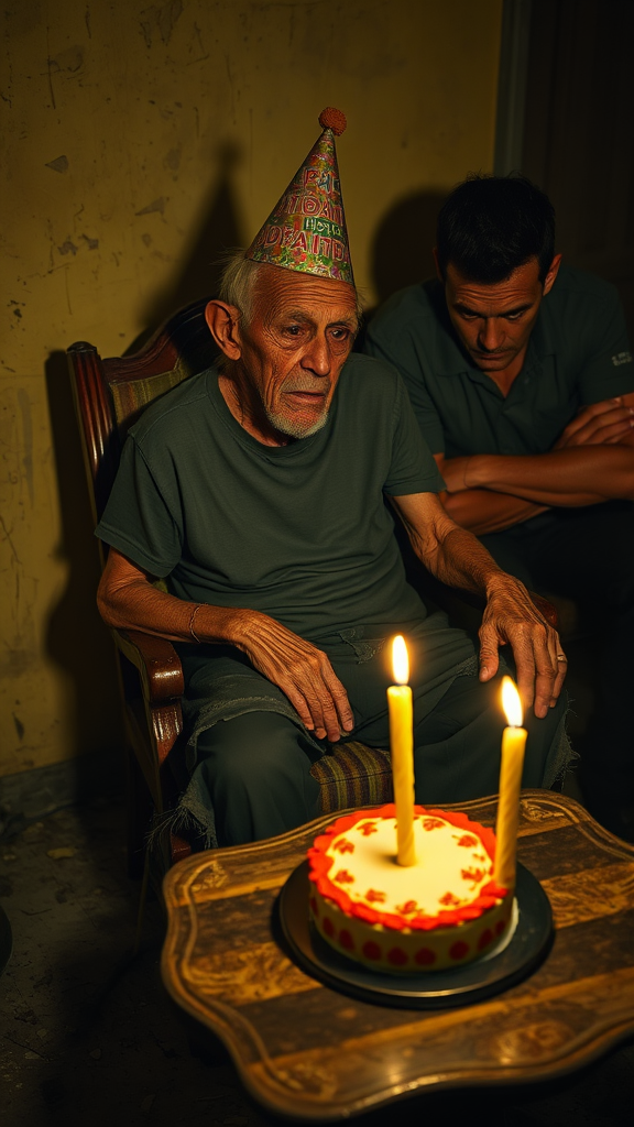 An elderly man, with a frail and delicate appearance, is sitting in an old, worn chair in a room dimly lit by the yellow glow of the candles on the table. He is dressed in a t-shirt and torn pants, reflecting the abandonment and hardships of his life. His deeply wrinkled face, with thin, sagging skin and a tired expression, tells a story full of sadness and suffering. He wears a crooked birthday hat, the festive appearance of which contrasts cruelly with his desolate expression. In front of him, on a small, worn table, sits a small, colorful birthday cake with a lit candle casting flickering shadows on the walls. Next to him is his son, looking at him with an angry expression, as if he harbors a deep resentment. The tension between the two is palpable, adding a layer of discomfort to the scene. The surroundings are abandoned, with signs of dirt, worn furniture and peeling walls, reflecting abandonment and loneliness. The yellowish lighting creates a melancholic atmosphere, accentuating the shadows projected on the wall: the frail figure of the elderly man seems cowered in solitude, while the tense presence of the son adds emotional weight to the scene.