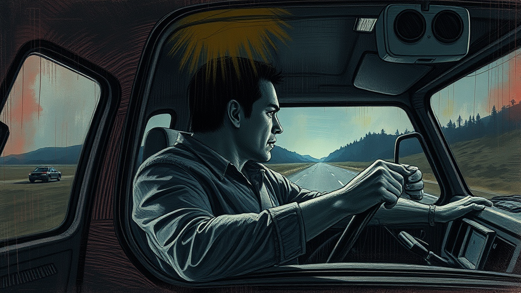 Create a dark and cinematic pencil-drawn illustration with a grungy and mysterious tone. The background should appear hand-painted with colored pencils, using muted, dark, and eerie colors to create an unsettling, documentary-style atmosphere. The protagonist or focal elements should remain in a detailed black-and-white pencil sketch style, contrasting with the colorful yet haunting background. The entire composition should evoke a sense of dread and realism, as if part of a horror documentary. The lighting should feel dramatic but subtle, with deep shadows and a grainy, textured paper effect. Avoid overly clean or digital appearances, keeping the overall look organic, raw, and mature, aimed at an adult audience."

Driving Away in Fear 
A shot from inside the truck as Memo drives, gripping the steering wheel tightly. His face is pale with fear, and the rearview mirror reflects the dark road behind them. The rest of the group sits silently, avoiding looking out the back windows.  



