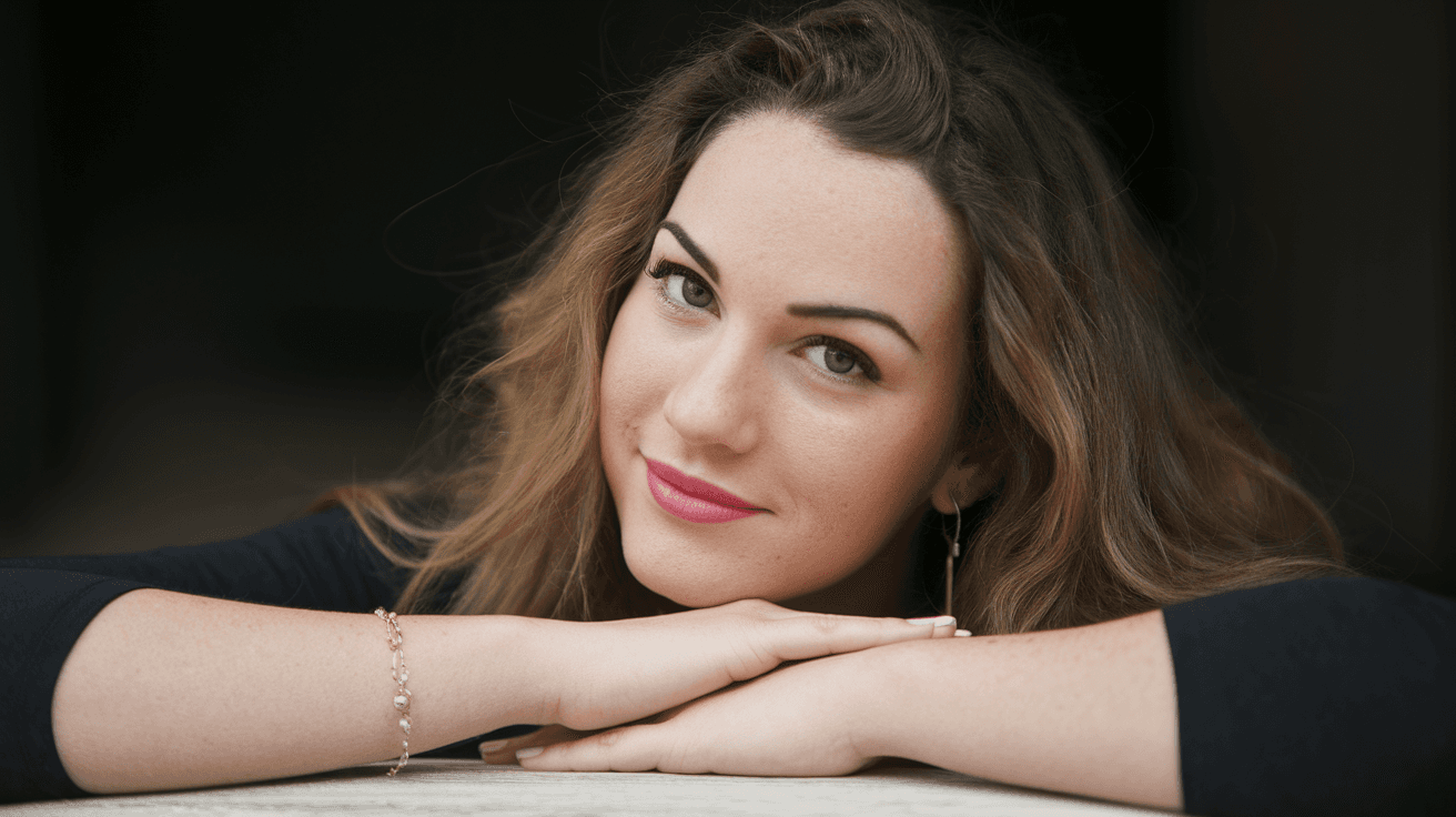 A [young] woman with [long, wavy brunette hair] rests her head on her clasped hands, she is looking in the camera. She is dressed in [a black top] and wears [a delicate bracelet on her left wrist]. Her expression is [gentle and thoughtful], enhanced by [natural makeup and a hint of pink lipstick]. The background is [dark and blurred], drawing attention to [her face and hands].