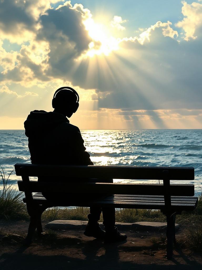 A black stick figure wearing headphones and a hoodie sits on a park bench and watches the ocean. The rays of sunshine subtly break through the clouds concealment
