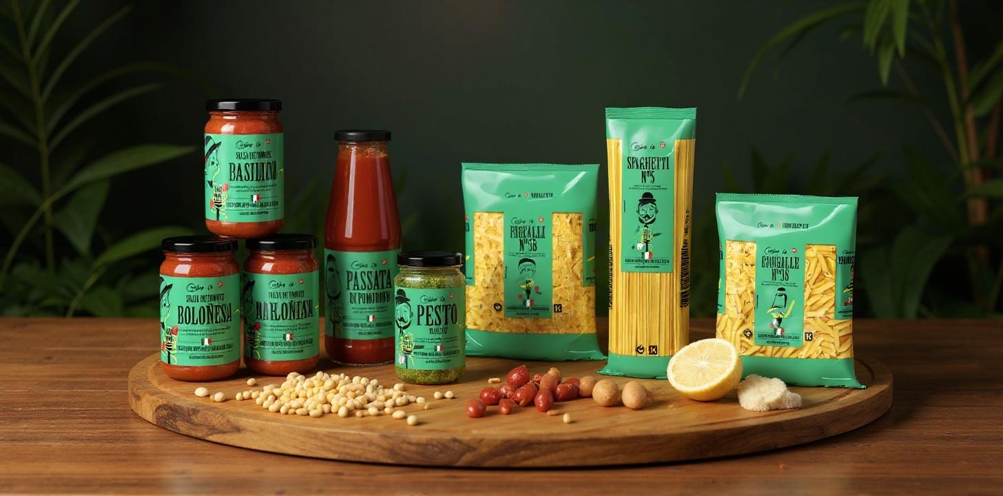 make a beautiful landscape still life for this products, green background, wooden table, ingredients