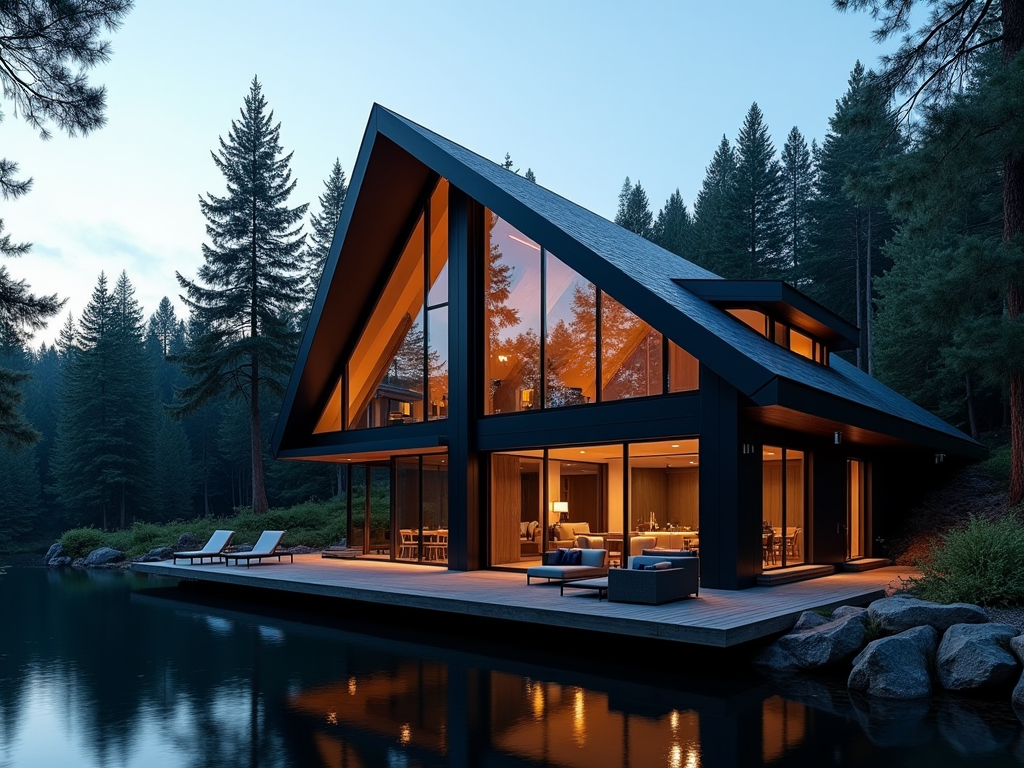 A modern, geometric house with a sharp, angular roof and large windows is nestled in a forested area. The house is made primarily of dark materials and features a deck overlooking a serene lake.

Detailed Description:

The image showcases a striking modern home with a bold, geometric design. The house's most prominent feature is its angular roof, which creates a dramatic silhouette against the darkening sky. The roof is composed of dark, possibly slate or metal, tiles that complement the overall dark aesthetic of the building.

Large windows, some floor-to-ceiling, dominate the facade, allowing ample natural light to flood the interior. These windows offer stunning views of the surrounding forest, blurring the lines between the house and its natural environment. The exterior walls are also predominantly dark, possibly concrete or a similar material, further emphasizing the house's sleek and contemporary design.

A wooden deck extends from the house, providing a seamless transition between indoor and outdoor living spaces. The deck overlooks a tranquil lake, reflecting the sky and surrounding trees. The water's surface is calm and peaceful, adding to the serene ambiance of the scene. The house is surrounded by lush greenery, with tall trees providing privacy and shade. The overall impression is one of modern luxury and harmony with nature.


Gemini may display inaccurate info, including about 