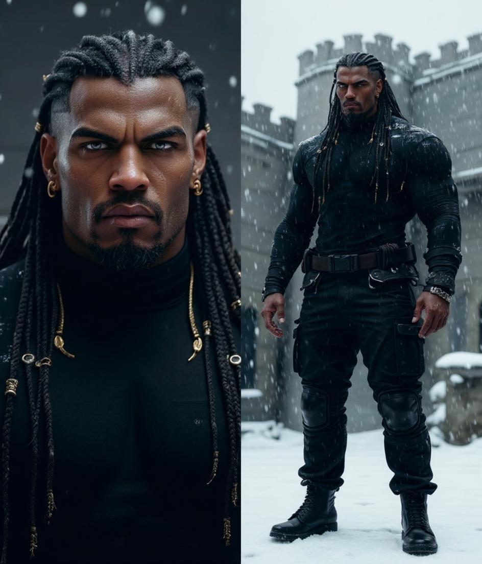 Side by side illustration of a closeup face, and full body character design, of A towering, muscular man with dark skin and a calm, commanding presence. He has long braids decorated with small gold chains woven into the hair, and multiple gold piercings: small hoops and bars in his ears and one in his nose. His face is clean-shaven, he has no beard and no mustache, with sharp features and focused gray eyes. Without necklaces, Without rings, Without bracelets only piercings and hair accents. He wears a tight, long-sleeved black tactical shirt and rugged combat pants, standing in a snowy courtyard of a fortress. Snow falls lightly. His posture is strong but centered, exuding quiet leadership. Displayed over a clean gradient background from charcoal gray to icy white, portrait and full body styled for realistic 3D fantasy art illustration, focused lighting on facial structure and fabric texture, urban fantasy character reference