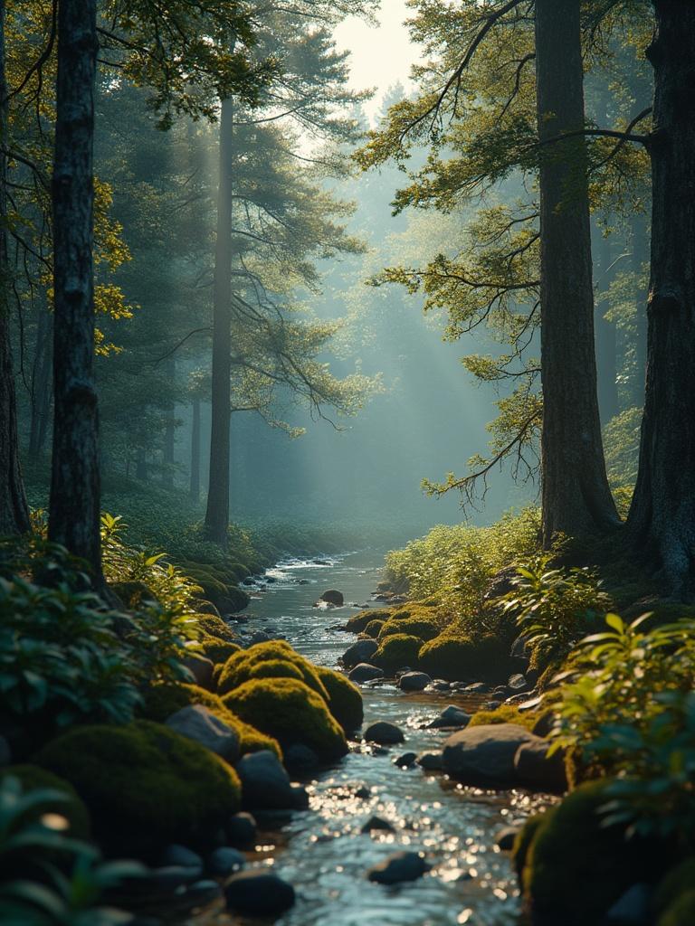 A hyper-realistic scene showcasing [insert key elements of the photo, like a  forest .] The composition is rich with intricate details and vibrant colors. Lighting is soft yet dynamic, casting subtle shadows and highlights. Textures are highly defined, such as [describe textures, e.g., rugged bark on trees, shimmering water]. The overall style is cinematic with a balanced mix of realism and artistic flair. The image is rendered in 4K resolution, emphasizing fine details and depth, while maintaining an ultra-clean and polished aesthetic.