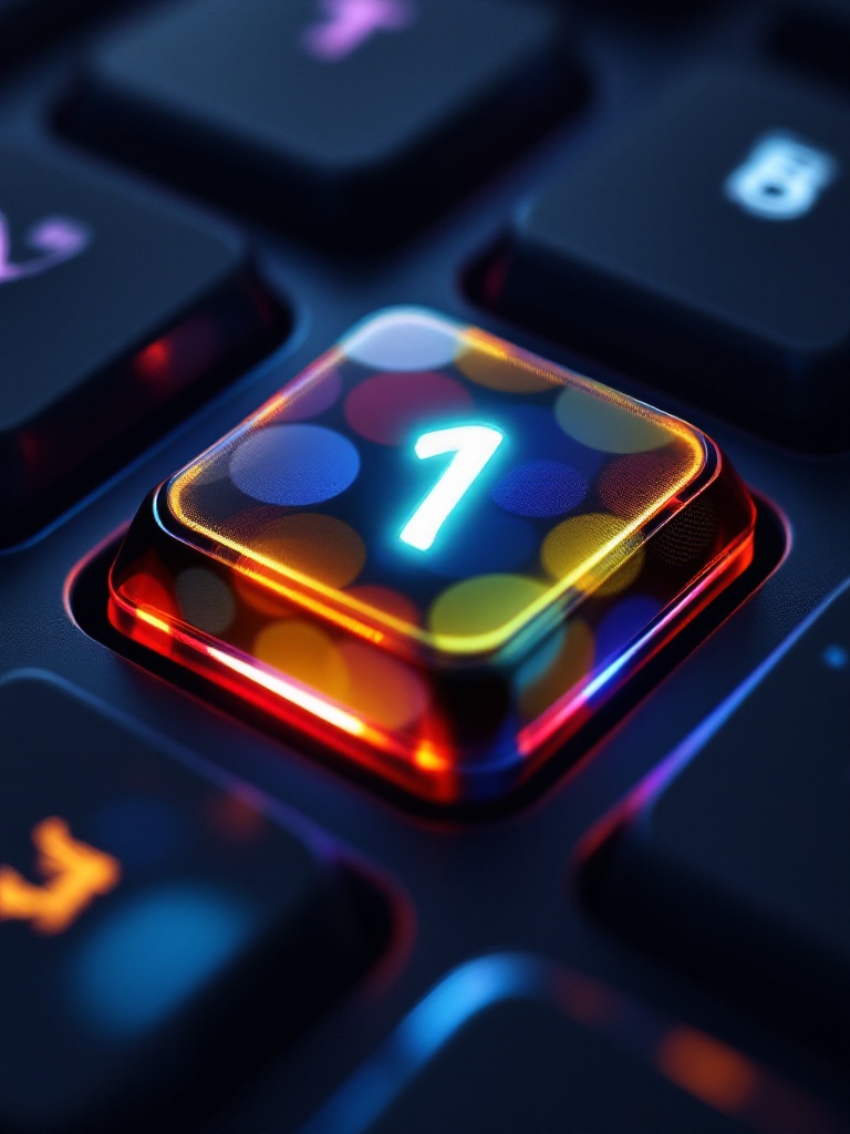 Keyboard button with number 1, just one button, make it colorful with beautiful clicking effect, make just one button on dark background anime stile