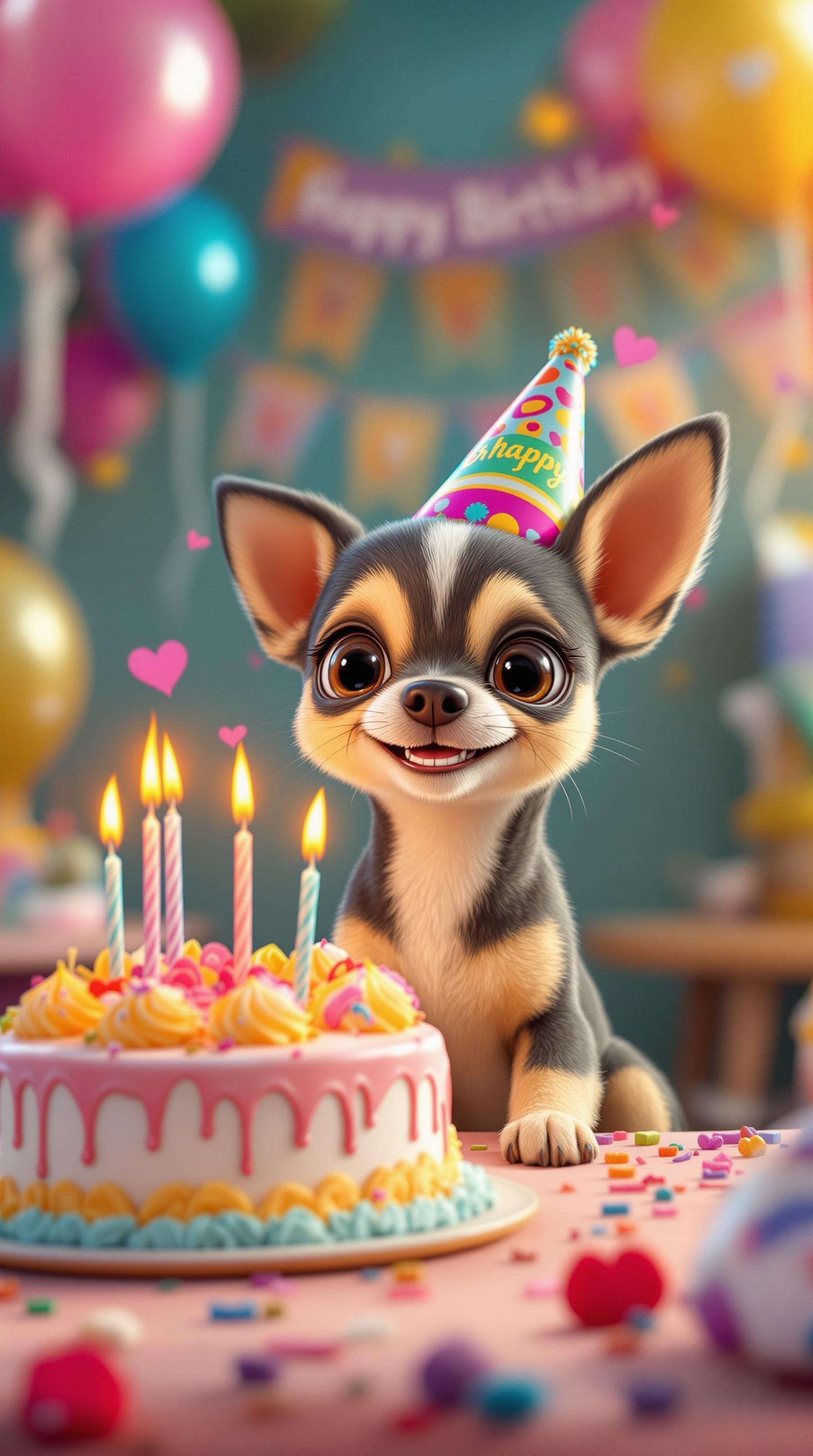 Create a whimsical scene featuring a small, adorable Pixar’s toon style Chihuahua sitting next to a brightly decorated birthday cake smiling joyfully with his white teeth. The Chihuahua, wearing a festive party hat tilted slightly to one side, has a mischievous expression as it sits with one paw resting on the table. The cake, vibrant and colorful, is covered in frosting swirls, sprinkles, and topped with several lit candles. The background is filled with festive decorations like balloons, streamers, and a “Happy Birthday” banner, creating a joyful party atmosphere. The Chihuahua’s ears are perked up, and its big eyes are focused on the cake, as if plotting to sneak a bite. The lighting is soft and warm, emphasizing the playful and humorous tone of the scene.