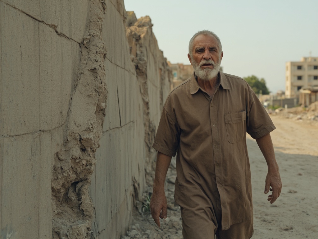 Picture of a man walking along a half-destroyed concrete wall. The face is expressive with deep wrinkles. The eyes look very intense. The man is about 60 years old and has an Arab appearance. He has a beard. Real life shot. Real-looking and not too professional. Slight motion blur. Style of a war documentary.