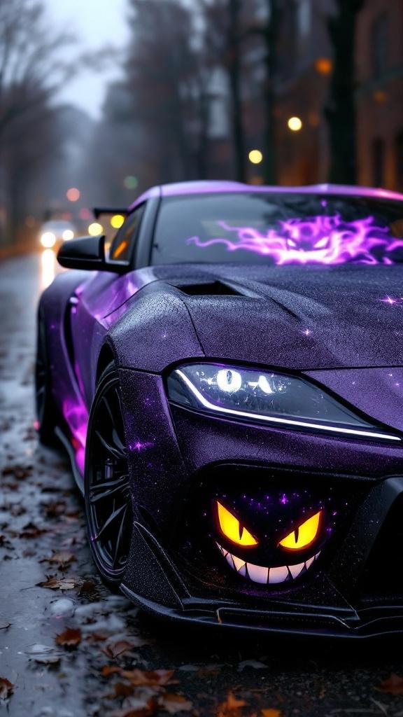 Erstelle mir einen Toyota Supra Mk5 in dunkel lila mit schwarzen spiegeln und mit dem Pokemon Gengar als folierung auf der Motorhaube, es soll das komplette Auto zu sehen sein