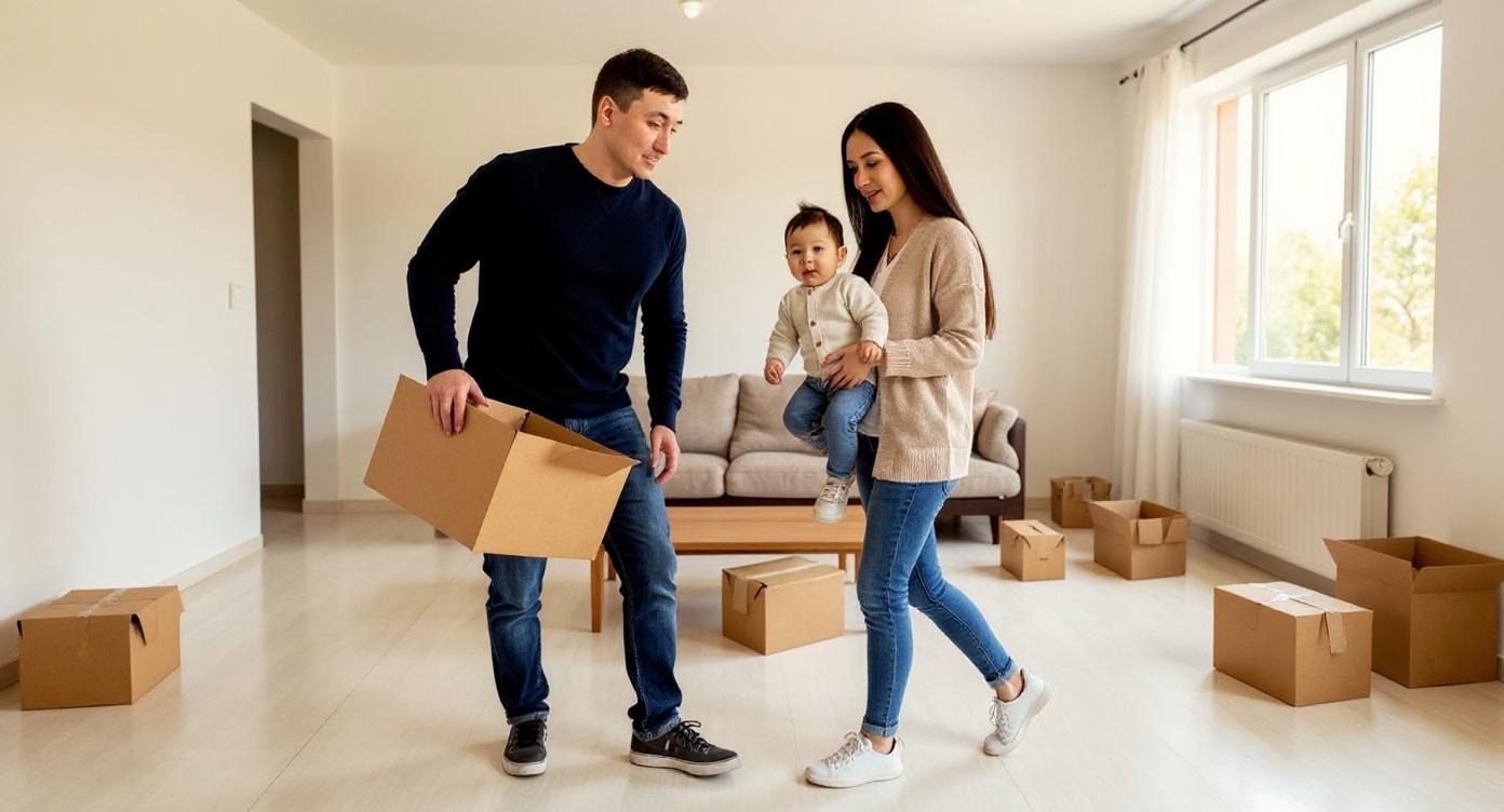 family from image: father carrying two cardboard moving boxes in his hands, mother holding the baby on her left arm, baby starting to look slightly fussy, they are entering empty simple apartment living room, multiple brown cardboard boxes scattered on white floor, large windows with afternoon sunlight, empty white walls, minimal furniture, wide establishing shot, realistic photography, natural lighting, 4K quality