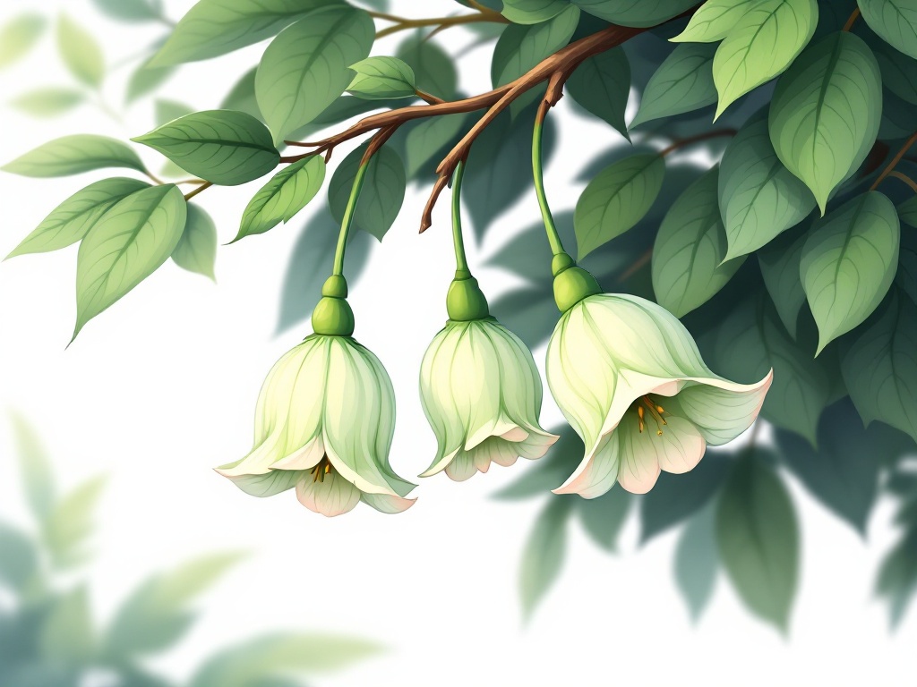 full body, cute 2D illustration, outlined cartoon, white background, Three delicate, bell-shaped flowers, pale green with pink-tinged edges, gracefully hang from a thin branch amidst lush foliage.