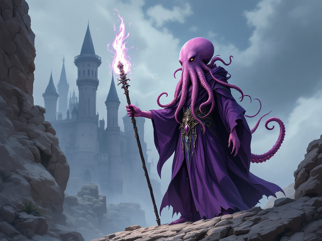 An anime-style medium shot of a heroic fantasy roleplay scene. A hybrid octopus woman sorcerer is standing on a rocky terrain. She has long tentacles / hairs and wears a purple robe. The sorcerer holds a scepter with a tantacle. The background reveals a castle with tall towers. The sky is cloudy.