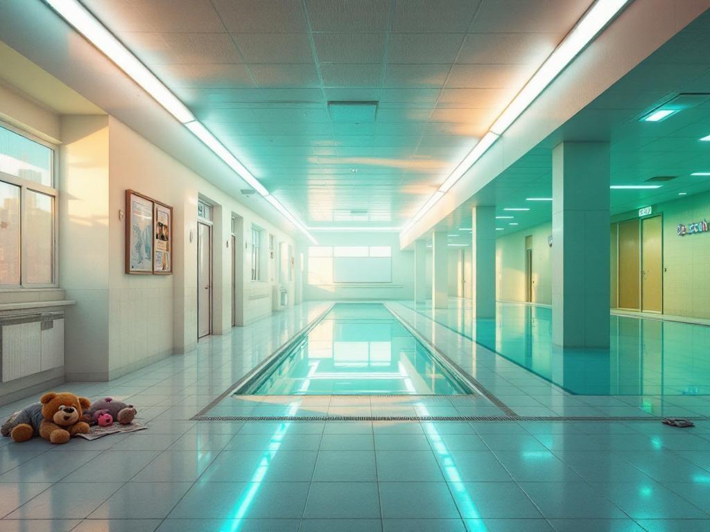 A surreal, dreamlike scene blending dreamcore, liminal space and nostalgiacore aesthetics: immaculate, empty locations — a pristine abandoned school corridor with soft fluorescent glow, an empty indoor pool with still turquoise water and spotless tiles, a vintage bedroom bathed in warm late-afternoon light with faded wallpaper and a neatly made bed, a quiet shopping arcade with glossy floors and pastel neon signage, and a suburban cul-de-sac under a hazy pink sky; the atmosphere is uncanny and nostalgic, like a half-remembered memory, with soft gradients of pale blue, faded pink and warm yellow, gentle haze, subtle film grain, shallow depth of field, soft volumetric lighting, reflections on polished surfaces and minimal human traces (a single forgotten toy, a folded newspaper); wide-angle perspectives, strong leading lines, symmetry and negative space to evoke stillness, quiet wonder and gentle unease; high detail, photorealistic textures blended with painterly softness, cinematic composition, ethereal and oddly comforting.
