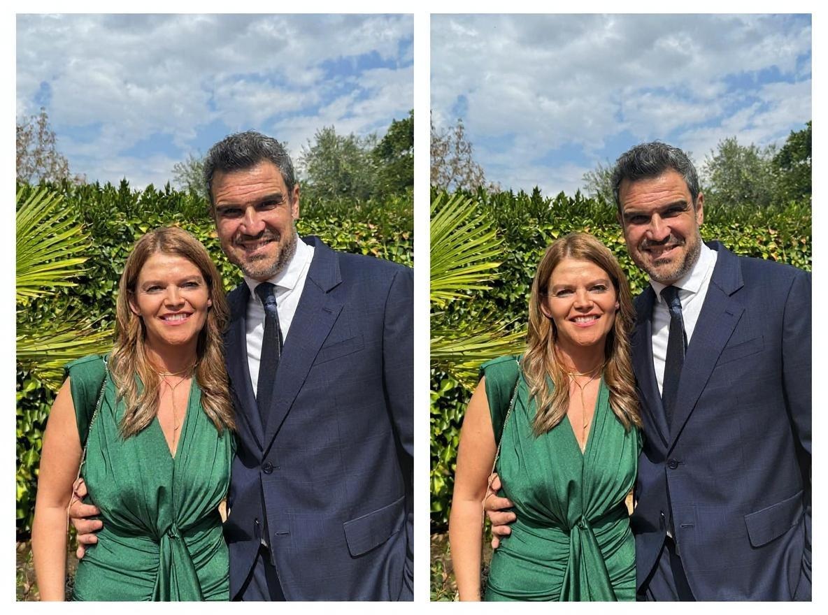 Edit the first image, which contains four people. Remove the two people in the center who are a bride and groom at a wedding. Then, insert the two people from the second image into the now-empty central position in the first image. Ensure the lighting and perspective of the newly inserted individuals are consistent with the original image.