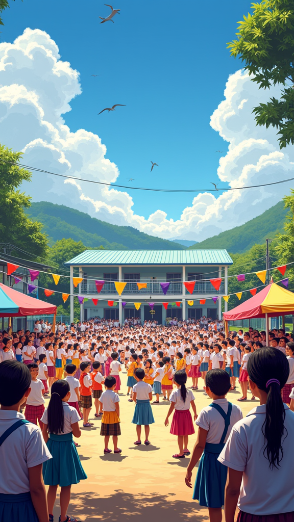 A lively and colorful scene depicting the Sumilao National High School Foundation Day celebration unfolds under a bright blue sky. Students, teachers, and community members, dressed in vibrant traditional Filipino costumes, gather joyfully on the school grounds, surrounded by fluttering banners and festive decorations. Laughter and cheerful chatter fill the air as groups engage in games and activities, while a stage at the center showcases captivating student performances, complete with traditional music that resonates with cultural pride. The atmosphere is electric, embodying a deep sense of community spirit and celebration.