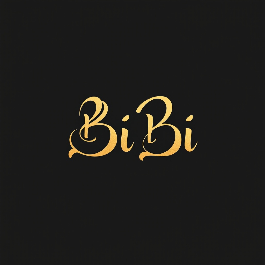 Design a luxurious and minimalist logo for a premium juice and ice cream brand called "Bi Bi". The logo must feature elegant Persian typography for "بی‌بی" using smooth, modern lines. Integrate subtle elements that suggest the brand’s products—like a fluid swirl, drop, or abstract shape—within the lettering, blending them creatively and seamlessly. The color scheme should be rich gold on a dark background (black or deep navy), giving a sophisticated and upscale vibe. The logo should be clean, creative, and high-end, with no cartoonish or excessive elements.
