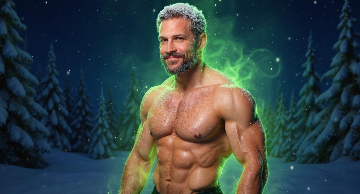 A fit, lean man is pressed tightly against the right edge of the frame, shown from the chest up. He is shirtless, confidently flexing his bicep with his arm slightly lowered for a natural, relaxed pose. He is surrounded by a vibrant green glowing aura softly emanating from his body. Wisps of warm vapor rise gently from his skin, adding a misty breath effect that contrasts with the cold environment. The background depicts a winter night forest filled with blue fir trees under a starry sky. Snow gently falls from the sky, with a thick cap of snow resting on his head like a hat and a layer of snow settled on his shoulders, enhancing the cold, serene atmosphere. The dark, snowy setting contrasts beautifully with the bright green aura around the man. The scene features sharp, high-contrast lighting that highlights his muscle tone and facial features. The composition is bold, dynamic, and designed as an eye-catching YouTube thumbnail.