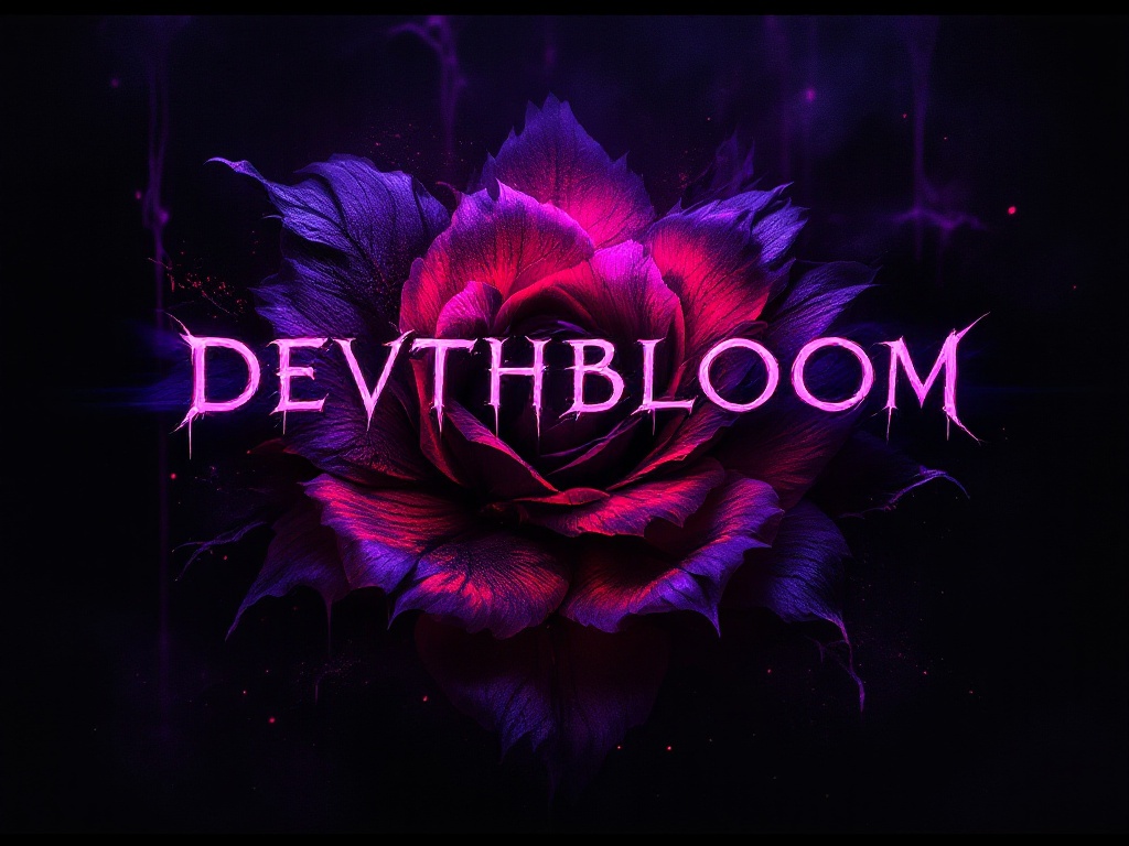 blackened horror background, with purple and red undertone glows, spelling the word DEVTHBLOOM inside of a death bloom flower