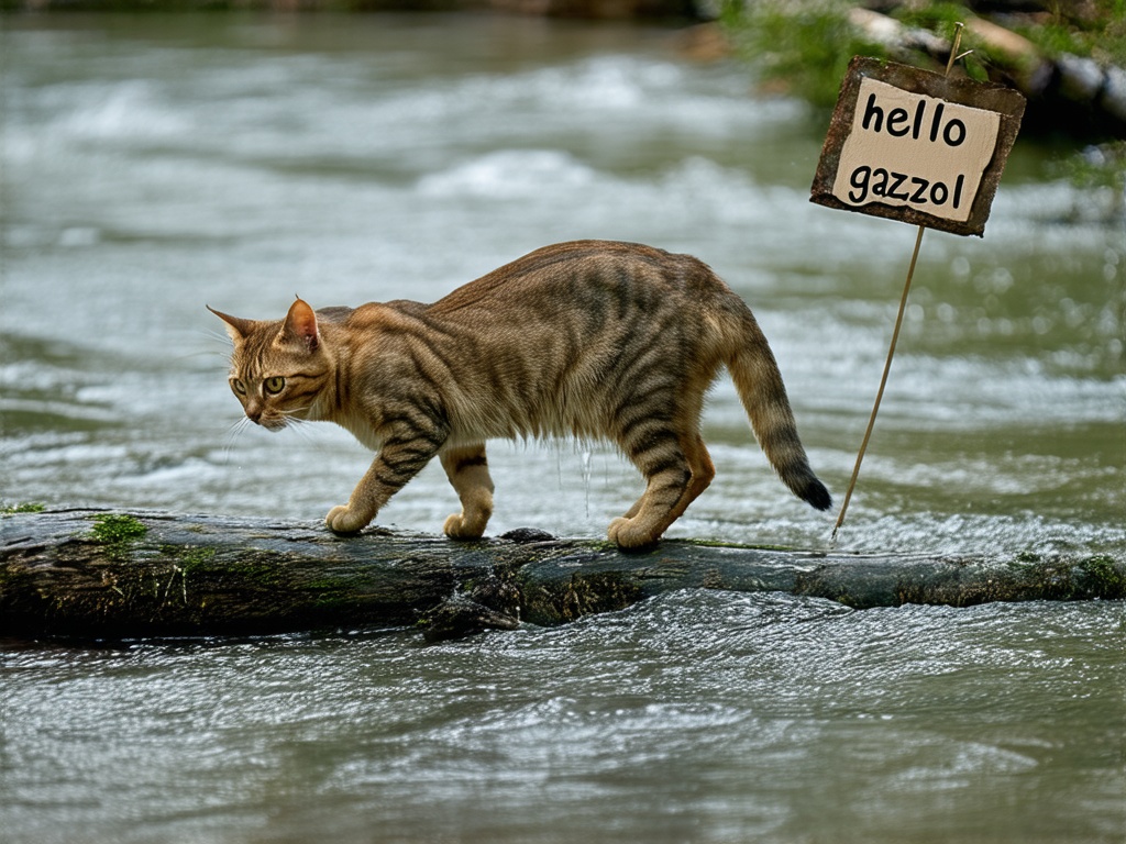 macro photography of a cat walking on a tree log in the middle of a river, award winning photography, national geographic. A sign say "hello gazoll" floating in the river