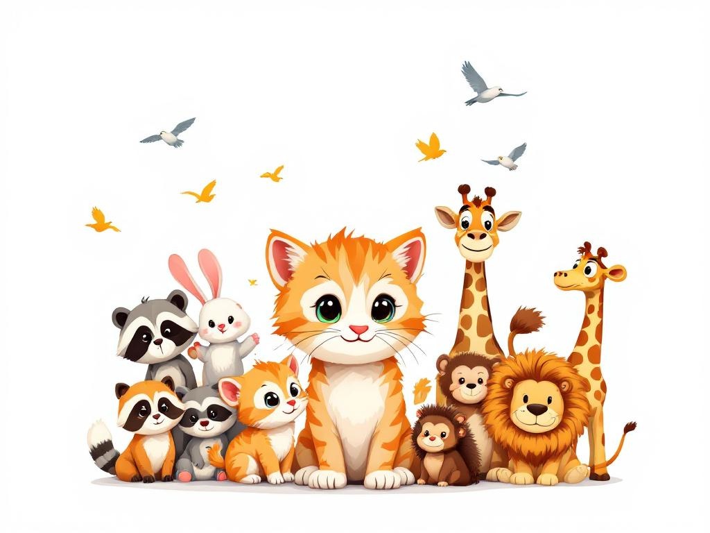 
cartoon image of various baby animals including a kitte, puppy, rabbit, raccoon, hedgehog, monkey, highland cow, giraffee, bird and lion. Kitten is front and center and birds are flying overhead. Text says "Can't we all be friends?"  Image is set on a white background


