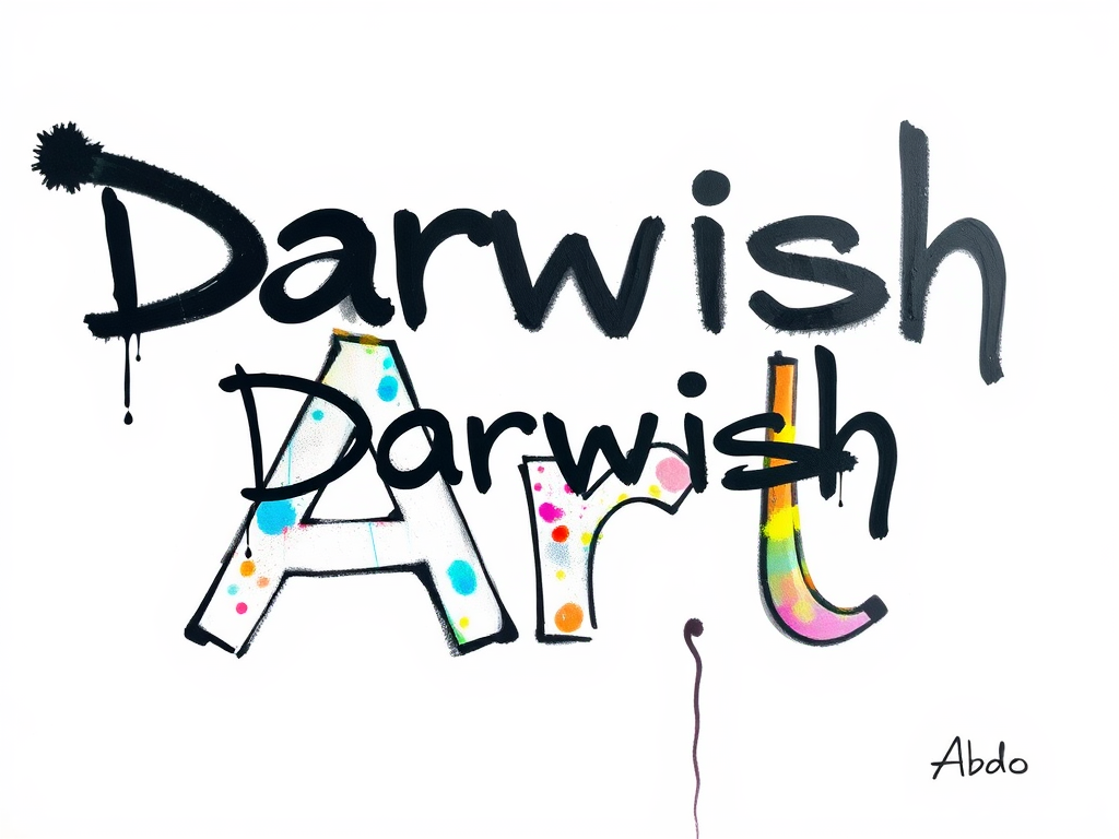 logo for 'Darwish' followed by 'Art' on the next line, in spraypaint graffiti on a white background. colorful like real graffiti, signed at the bottom right corner with 'artist abdo'