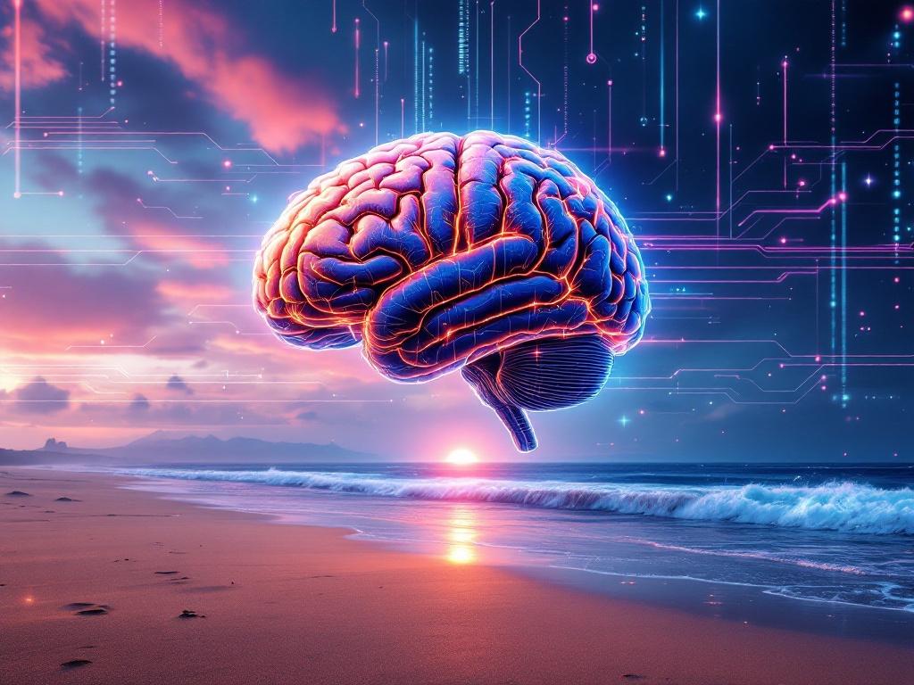  massive, hyper-detailed brain floating in the center of the composition, pulsating with energy and intelligence. The brain has a futuristic, high-tech texture with glowing neural connections and subtle electric currents running across its surface. The background is a sleek, cyberpunk-inspired digital landscape—deep blues, neon pinks, and electric purples blending into a mesmerizing, high-tech atmosphere. Abstract data streams, glowing circuits, and holographic elements subtly interact with the brain, reinforcing the theme of artificial intelligence. The bold, futuristic text ‘MOZG.AI’ is seamlessly integrated into the scene, A massive, hyper-detailed brain floats in the air against the backdrop of a stunning beach at sunset. Its surface is covered in high-tech textures, with glowing neural connections and subtle electric currents running through its intricate folds. The scene is surreal yet breathtaking: soft golden sand stretches beneath, while ocean waves gently roll onto the shore. The sky is painted in a mesmerizing blend of pink, purple, and gold, casting an ethereal glow over the landscape. Thin holographic data streams float in the air, as if the brain is processing information from the very environment around it. The text ‘MOZG.AI’ is seamlessly integrated into the scene—either projected as a glowing hologram from the brain itself or appearing as radiant lettering subtly reflected on the water’s surface. The entire aesthetic balances between reality and sci-fi, evoking a sense of supreme intelligence, futuristic technology, and a deep connection between nature and AI. as a holographic projection or embedded within the digital background. The overall aesthetic is modern, stylish, and visually striking, evoking a sense of advanced AI intelligence and innovation