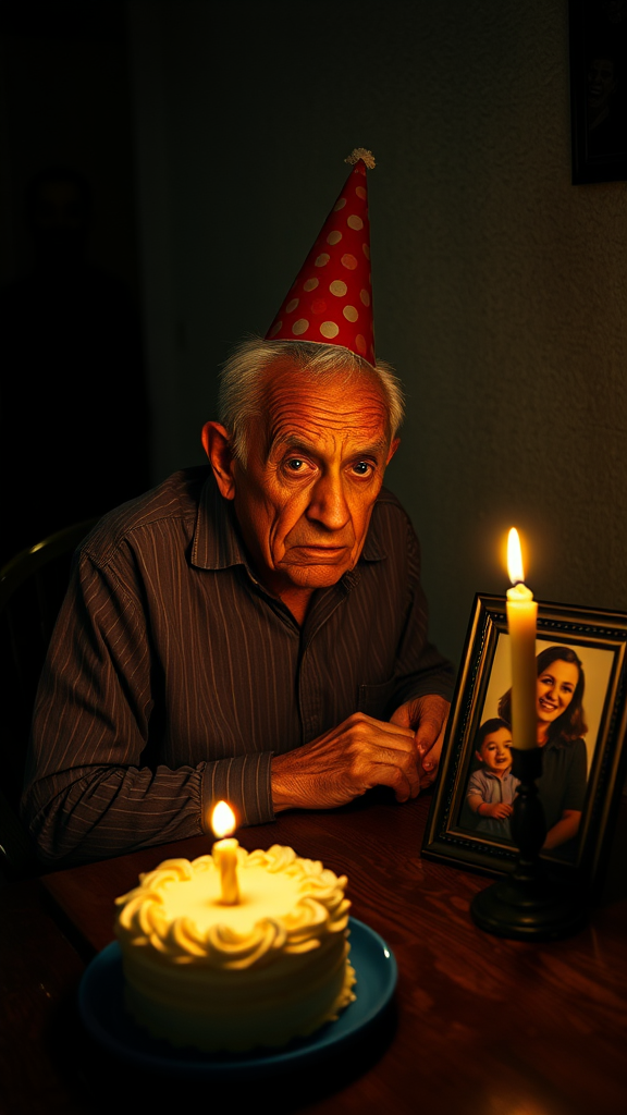 In a dimly lit room, an elderly, bald man with sparse white hair sits at a dark wooden table, wearing a vibrant polka-dotted party hat. The flickering candlelight casts soft shadows, illuminating his deeply wrinkled face, revealing profound sadness. A small birthday cake, adorned with shiny cream frosting on a blue ceramic plate, sits before him, symbolizing lost celebrations. Beside it, a framed photo of his late wife reflects the candle's glow, evoking nostalgia and heartache. The textured, neutral wall behind him hints at years of memories, while a blurred demonic figure lurks in the background, laughing mockingly, contrasting the man's sorrow. The scene captures a haunting blend of joy and despair, emphasizing the emotional weight of solitude.