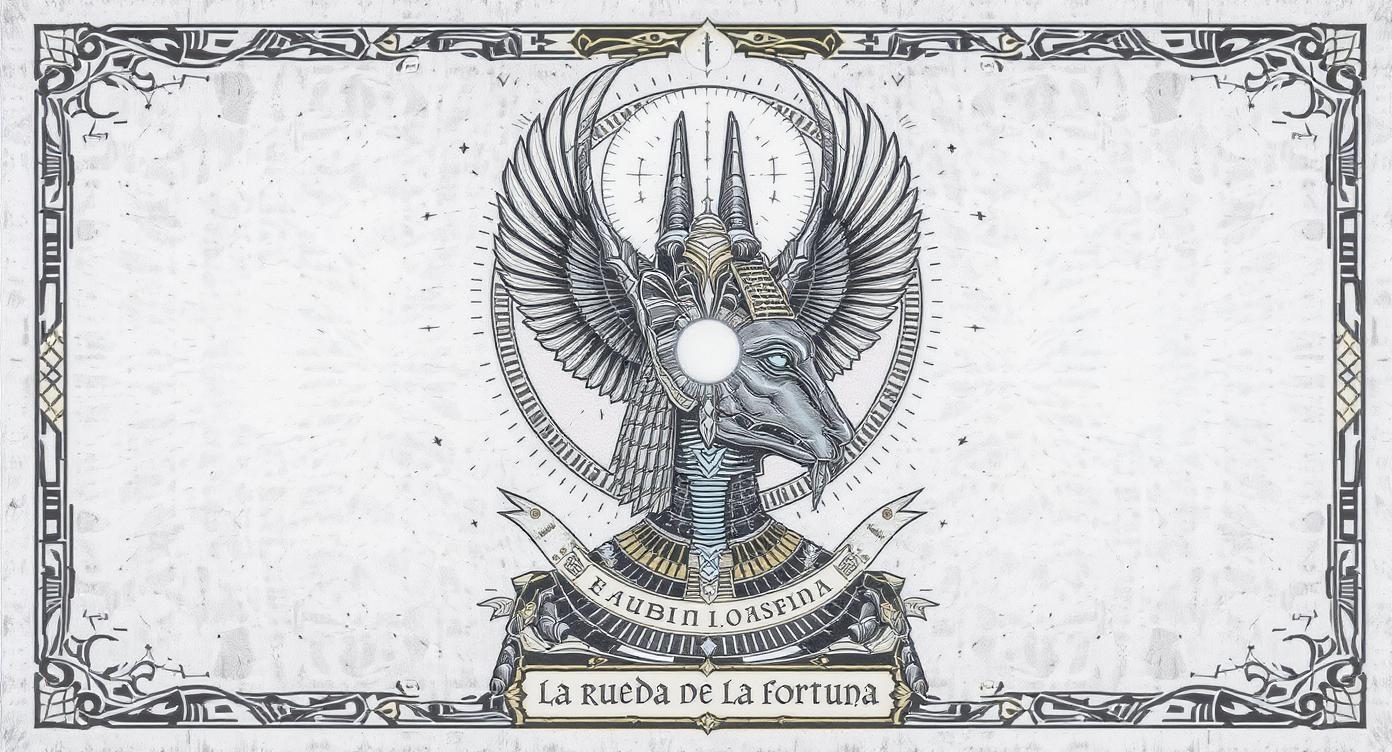 🔮 Diseño reinterpretado estilo tatuaje – Carta del Tarot: “La rueda de la fortuna”
📐 Formato general:
Forma rectangular vertical, proporción de carta del tarot clásica (7x12 cm aprox).

Borde con filigranas ornamentales inspiradas en motivos egipcios y circuitos sagrados.

Fondo en blanco con sombreados punteados (dotwork) y texturas tipo grabado digital. Estilo cibernético digital.

🎭 Figura central:
Anubis cibernético de perfil en el centro superior, en estilo lineal y sombreado en blackwork, con detalles en azul eléctrico y fucsia para destacar (por ejemplo, ojos, cuello o fondo del busto).
En el centro del círuclo una luna llena eléctrica, con un color blanco resaltado con azul eléctrico.
Bajo él, un círculo doble con inscripciones zodiacales y jeroglíficos en espiral.
En el lado opuesto a anubis y boca abajo, una representación de osrisis cibernetico, en su forma de cabeza de halcón, en estilo lineal y sombreado en blackwork, con detalles en azul eléctrico y fucsia para destacar (por ejemplo, ojos, cuello o fondo del busto).
El círculo gira hacia el centro como una mandala mecánica.

Símbolos resaltados con microdetalles en azul, violeta y blanco.

🧭 Elementos cardinales (esquinas):
Arcángel Miguel: esquina inferior izquierda. Realizada en técnica black&gray con destellos en blanco-azulado. y con la espada resaltada.

Can mayor (constelación de Sirio con la estrella Adhara resaltada): esquina superior izquierda, estilo de grabado clásico con líneas curvas y punteado, destacando la estrella Adhara en blanco brillante.

Grifo (ligle): esquina superior derecha. Criatura híbrida con alas extendidas, en pose majestuosa y atractiva, sombra profunda con detalles en púrpura.

Esfinge: esquina inferior derecha. Realizada en técnica black&gray con destellos en blanco-azulado.

🌀 Rueda central del tiempo/cosmos:
Inspirada en un astrolabio o rueda de fortuna. Divide el círculo en 12 sectores zodiacales con símbolos antiguos, integrando elementos egipcios y tecnológicos.

Agujas internas en forma de circuitos egipcios.

Color únicamente en puntos estratégicos: contornos de los signos zodiacales, centro de la rueda y gemas cósmicas.

✨ Decoración adicional:
Líneas energéticas tipo circuitos/magia conectan los cuatro puntos cardinales con el centro.

Fondo con texturas de estrellas o red cósmica, visible solo en sombra o punteado fino.

Letras "A" "L" "M" y "A" incrustadas en las esquinas, debajo de las figuras, (estilo serif, ornamentado). en tipografía jeroglífica reinterpretada o serif ornamental