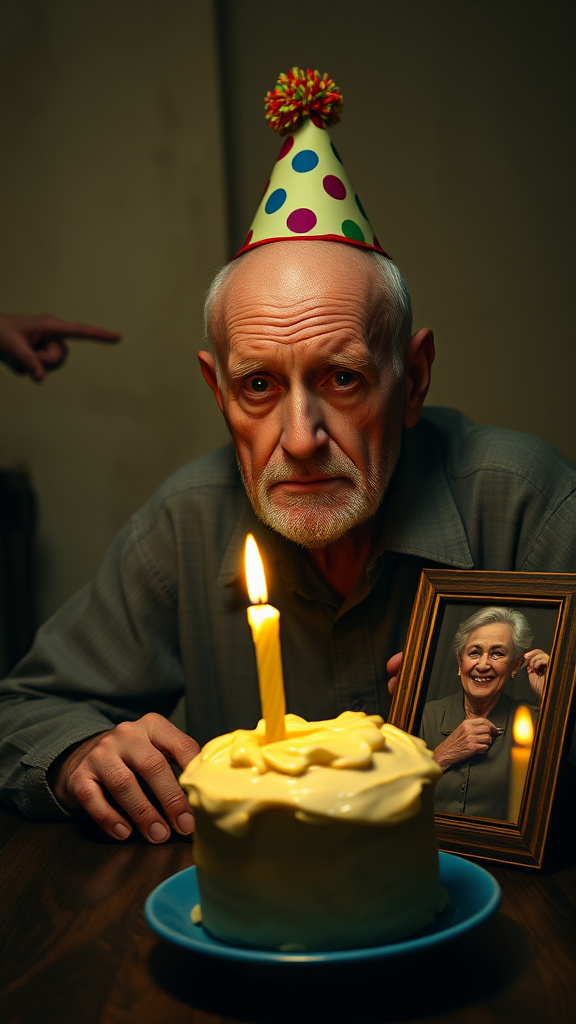 A nighttime indoor scene captured in ultra-realistic photography. An elderly, bald man with sparse white hair and no beard sits at a dark wooden table. He wears a colorful party hat with polka dots and a pompom at the top, a vibrant detail contrasting with the melancholic atmosphere. The lighting is dim and yellowish, emanating from a single candle on a small birthday cake with shiny cream frosting, placed on a blue ceramic plate.

The man’s face reveals deep sadness and reflection, with his wrinkles subtly highlighted by the interplay of light and shadow from the candle flame. On the table next to the cake, a framed photo of his elderly wife reflects the candlelight, suggesting her absence and adding an emotional layer to the scene.

The background features a neutral-colored wall with a worn texture, typical of an old house. In the blurred and indistinct background, a demonic figure is visible, laughing joyfully and pointing at the man, introducing an unsettling note to the composition. The camera is positioned in a medium shot, facing the man directly, ensuring he is the central focus. The entire setting is enveloped in dim light, illuminated solely by the weak yellow glow of the candle, enhancing the somber and lonely atmosphere.