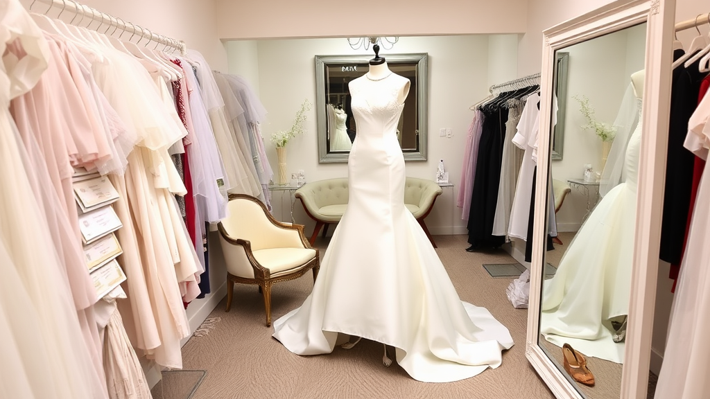 A bridal fitting room with a stunning wedding gown displayed on a mannequin, surrounded by swatches, veils, and shoes. A full-length mirror reflects a beautifully arranged seating area with more bridal accessories.




