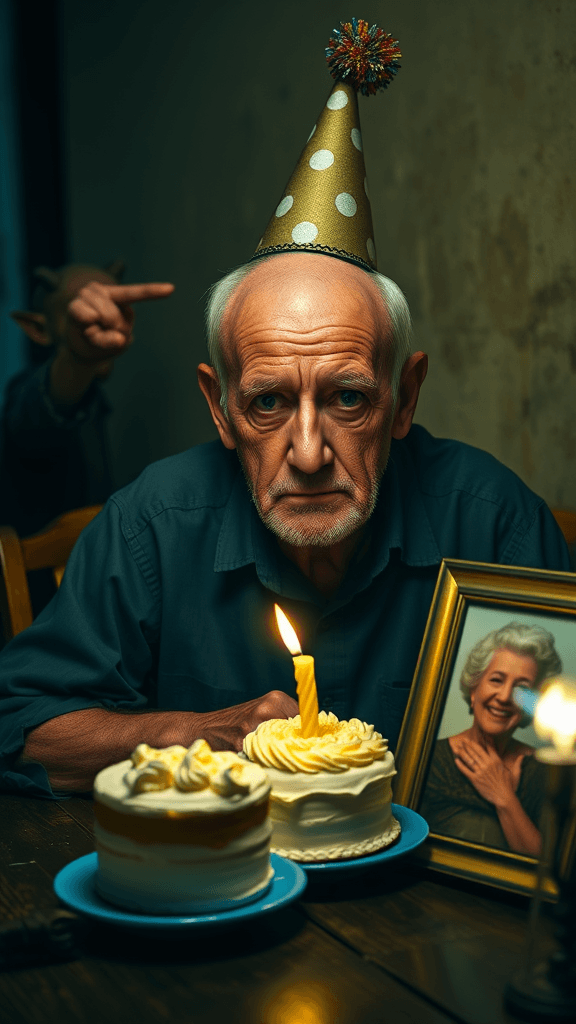 A nighttime indoor scene captured in ultra-realistic photography. An elderly, bald man with sparse white hair and no beard sits at a dark wooden table. He wears a colorful party hat with polka dots and a pompom at the top, a vibrant detail contrasting with the melancholic atmosphere. The lighting is dim and yellowish, emanating from a single candle on a small birthday cake with shiny cream frosting, placed on a blue ceramic plate.

The man’s face reveals deep sadness and reflection, with his wrinkles subtly highlighted by the interplay of light and shadow from the candle flame. On the table next to the cake, a framed photo of his elderly wife reflects the candlelight, suggesting her absence and adding an emotional layer to the scene.

The background features a neutral-colored wall with a worn texture, typical of an old house. In the blurred and indistinct background, a demonic figure is visible, laughing joyfully and pointing at the man, introducing an unsettling note to the composition. The camera is positioned in a medium shot, facing the man directly, ensuring he is the central focus. The entire setting is enveloped in dim light, illuminated solely by the weak yellow glow of the candle, enhancing the somber and lonely atmosphere.
