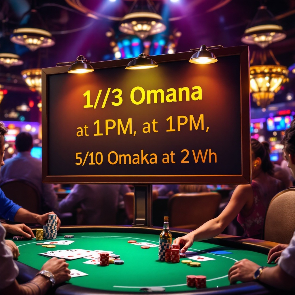 Create a vibrant, elegant poker room scene with a lively atmosphere. Show players engaged at green felt tables, with cards and chips in action. Include a prominent, clearly visible billboard in the scene displaying the text: '1/3 Omaha at 1PM, 5/10 Omaha at 2PM' in bold, legible font. Ensure the text is accurate and stands out against a dynamic, busy background. Triple check the text is correct without errors

