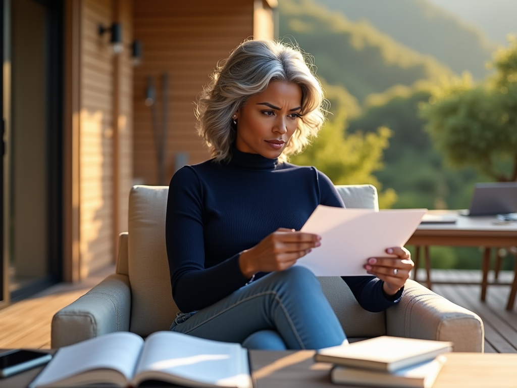 A breathtaking, ultra-detailed 4K photorealistic image of a 59-year-old thin stylish black woman with medium wavy gray hair and a precise side part, seated gracefully, on a modern cream cushion lounge chair on the cover deck of her 2-story elegant cottage home. She gazes thoughtfully, as she reads a document and she radiates frustration through her soft expression. Dressed in a stylish navy turtleneck top and blue jeans, her calm demeanor subtly embodies inner turmoil. The table is cluttered with financial documents, an iPhone and books, hinting at a busy, complicated and multifaceted life. Sunlight streams through a hilltop behind her, casting tall shadows that illuminate the space, creating a warm, inviting atmosphere. The backyard features luxurious fireplace behind her, enhancing the serene, wealthy ambiance. The composition emphasizes anatomical accuracy, the overall scene evokes a sense of peaceful day. 
