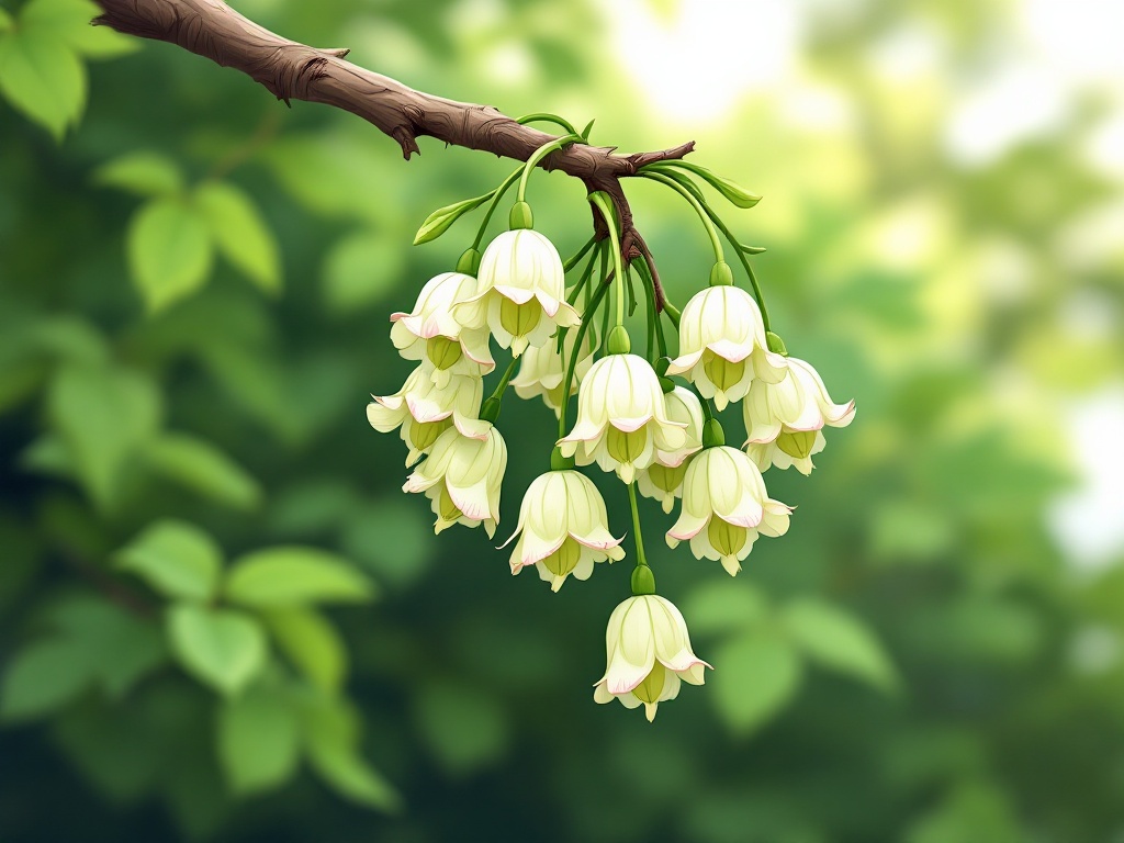 A cluster of small, bell-shaped flowers hangs delicately from a thin, woody branch. The flowers are pale green to creamy white, with a soft pinkish tinge around the edges of their scalloped petals. Each flower droops gracefully, creating an elegant appearance. The background features lush green foliage, indicating a natural woodland or forest habitat. This plant is likely a type of shrub or small tree commonly found in temperate forested areas.. full body, cute 2D illustration, outlined cartoon, white background