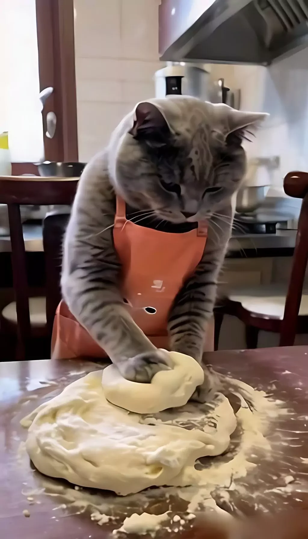 A cat is kneading dough in the kitchen.