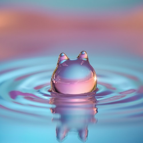 Macro photography of a drop in the shape of a water cat. The photo has professional lighting and pastel colors. The surface of the water is reflective and the smooth blurred background helps the drop stand out. Water drop cat