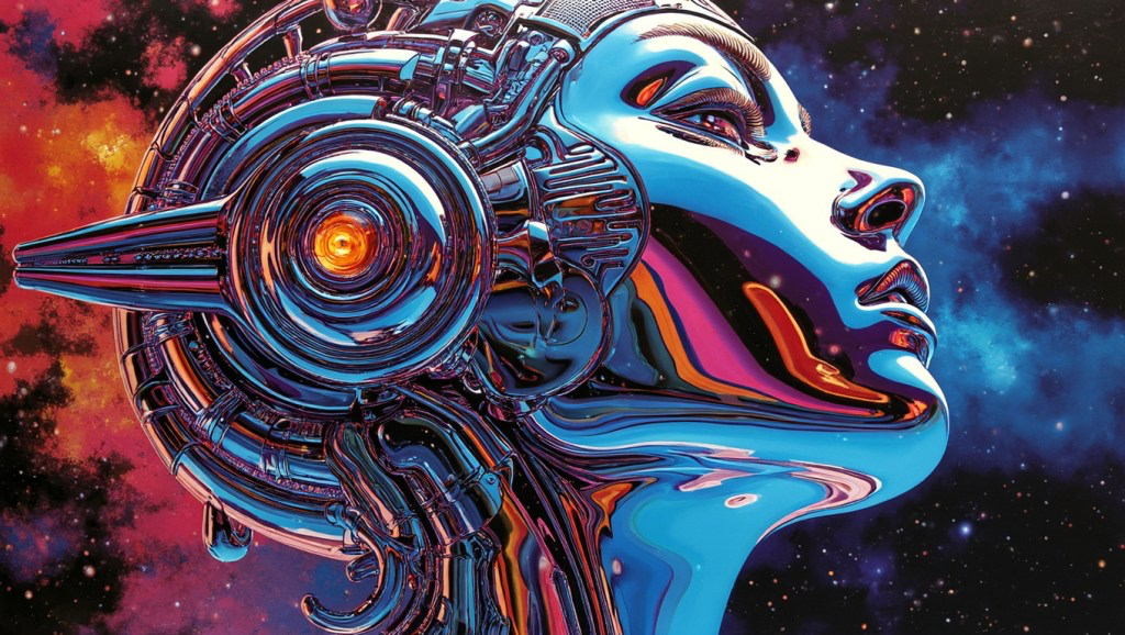 abstract chrome 80s scifi automaton, airbrush