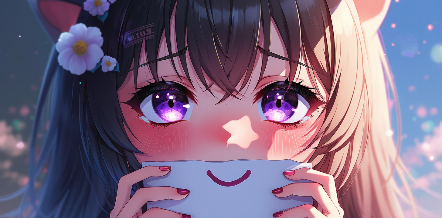 beautiful anime artwork, a cute anime catgirl that looks depressed holding a piece of paper with a smile drawn on it over her mouth, she is about to cry