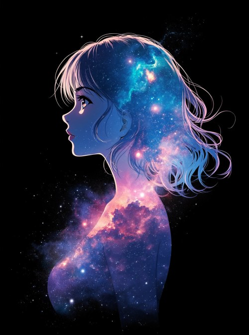 beautiful anime artwork, a cute anime girl’s silhouette, double exposure, iridescent nebula galaxy, black background, ethereal glow, bloom, hdr