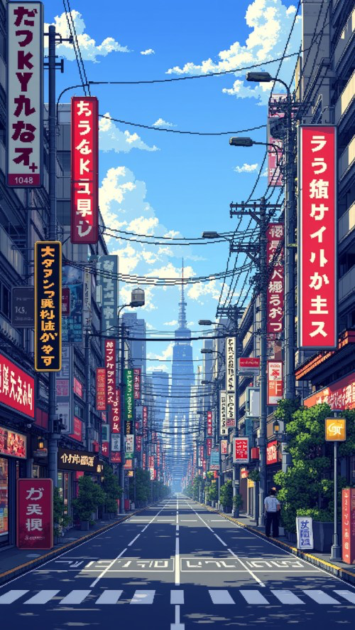 beautiful pixel art of a street in tokyo