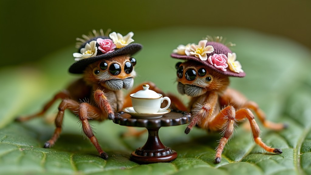 two cute spiders in victorian outfits having a miniature tea party with a tiny table and teapot on a leaf, macro photo