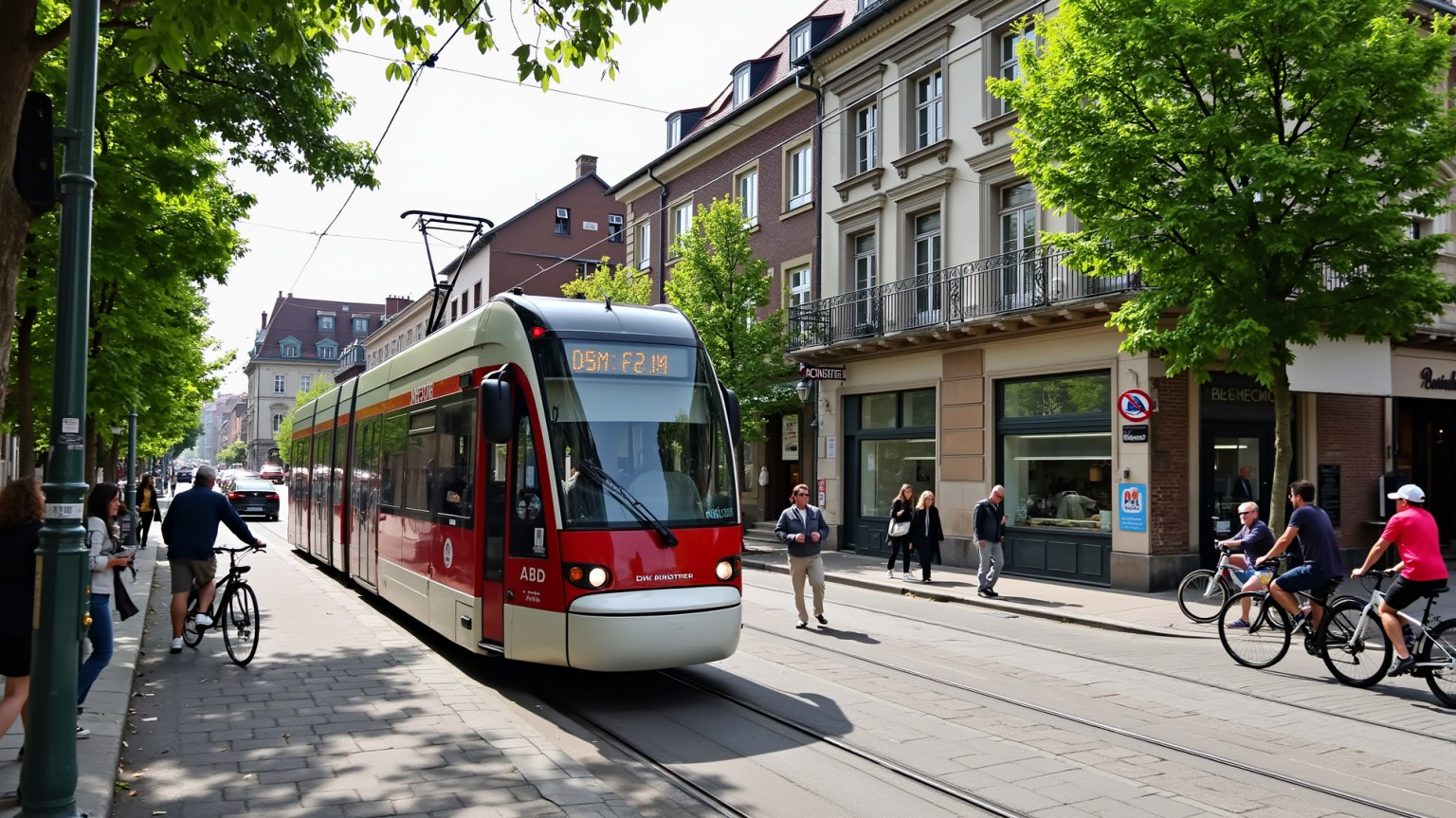 a photo of a beautiful street in Freiburg with a tram passing by and people walking about and riding bikes