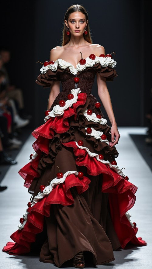 A statuesque model strides confidently down the Milan Fashion Week runway. Her ensemble, a breathtaking ode to the Schwarzwälder Kirschtorte, features layers of rich, chocolate-brown fabric, adorned with delicate cherry-red accents and a cascade of faux whipped cream ruffles.