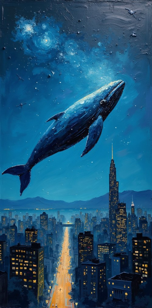 thick splotchy oil painting with brush strokes of a large whale floating gently in the night sky high above a city