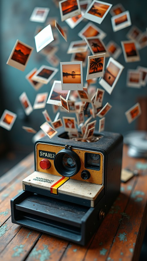 A machine generating endless of polaroid images and blowing them up into the air. Realistic National geographic photo