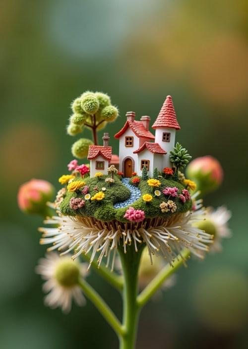 macro photography of a miniature little village on top of a flower