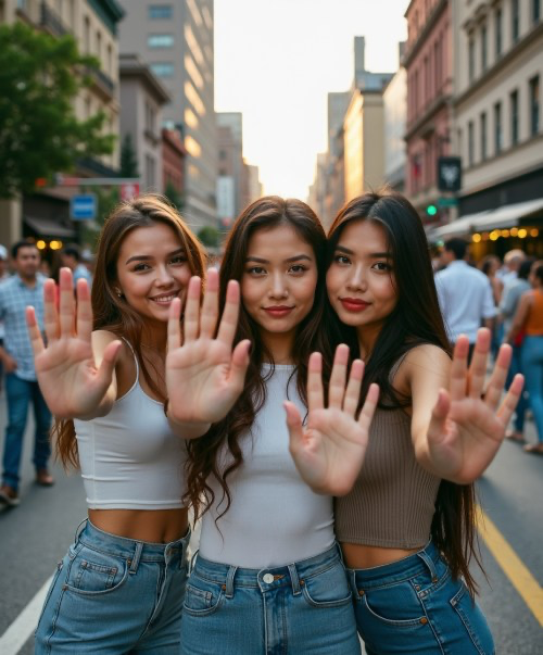 filmic photo of a group of three women on a street downtown, they are holding their hands up the camera